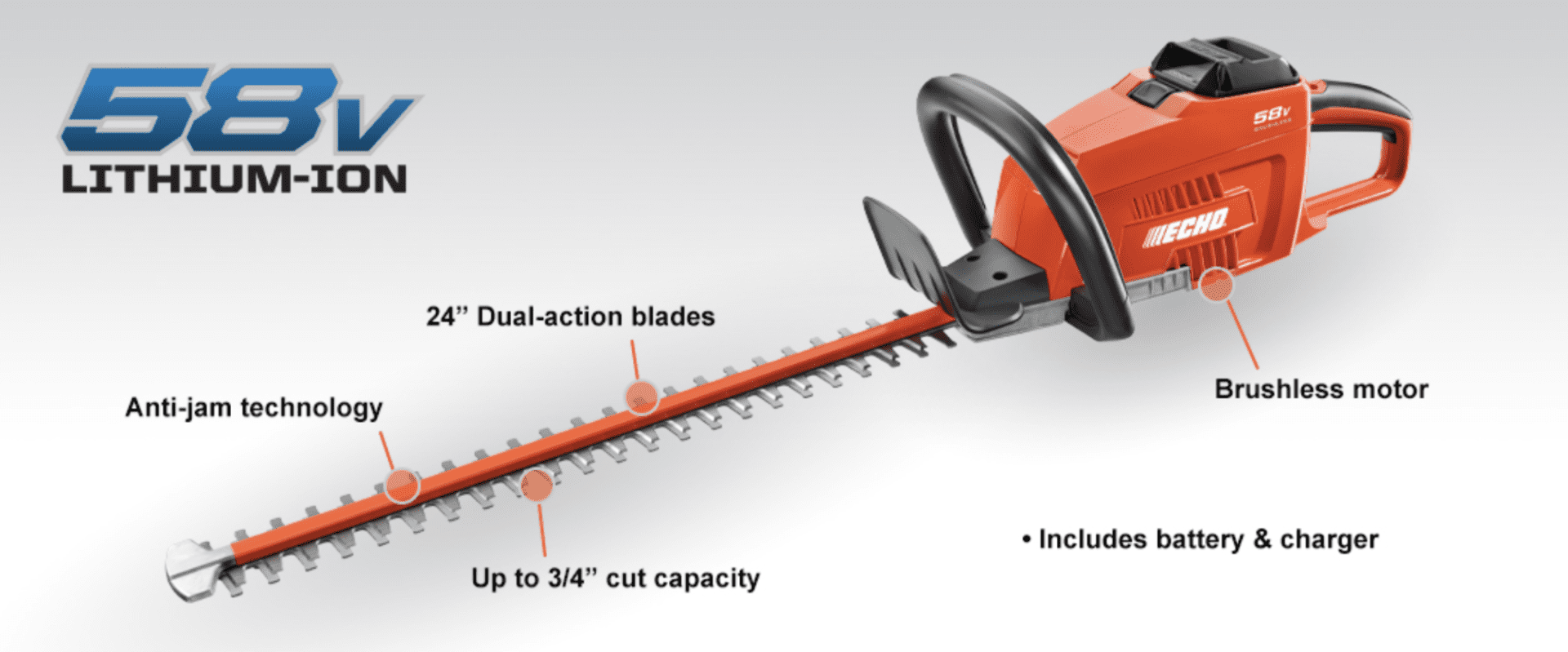 1999 Echo Power Equipment CHT-58V2AH Cordless Hedge Trimmer with 2AH Battery & Charger Hedge Trimmer