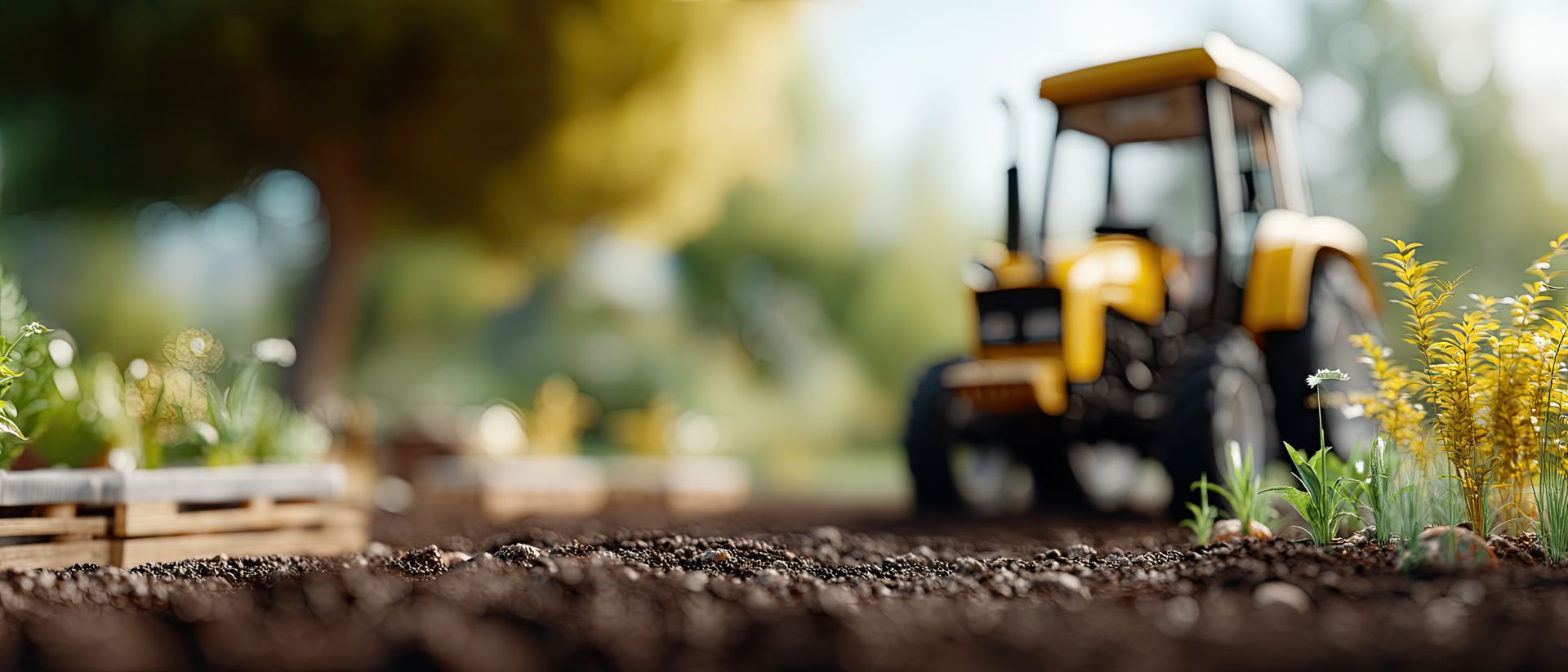 Yellow tractor in a tilled field with seedlings and a wooden pallet in the foreground, blurred background.
